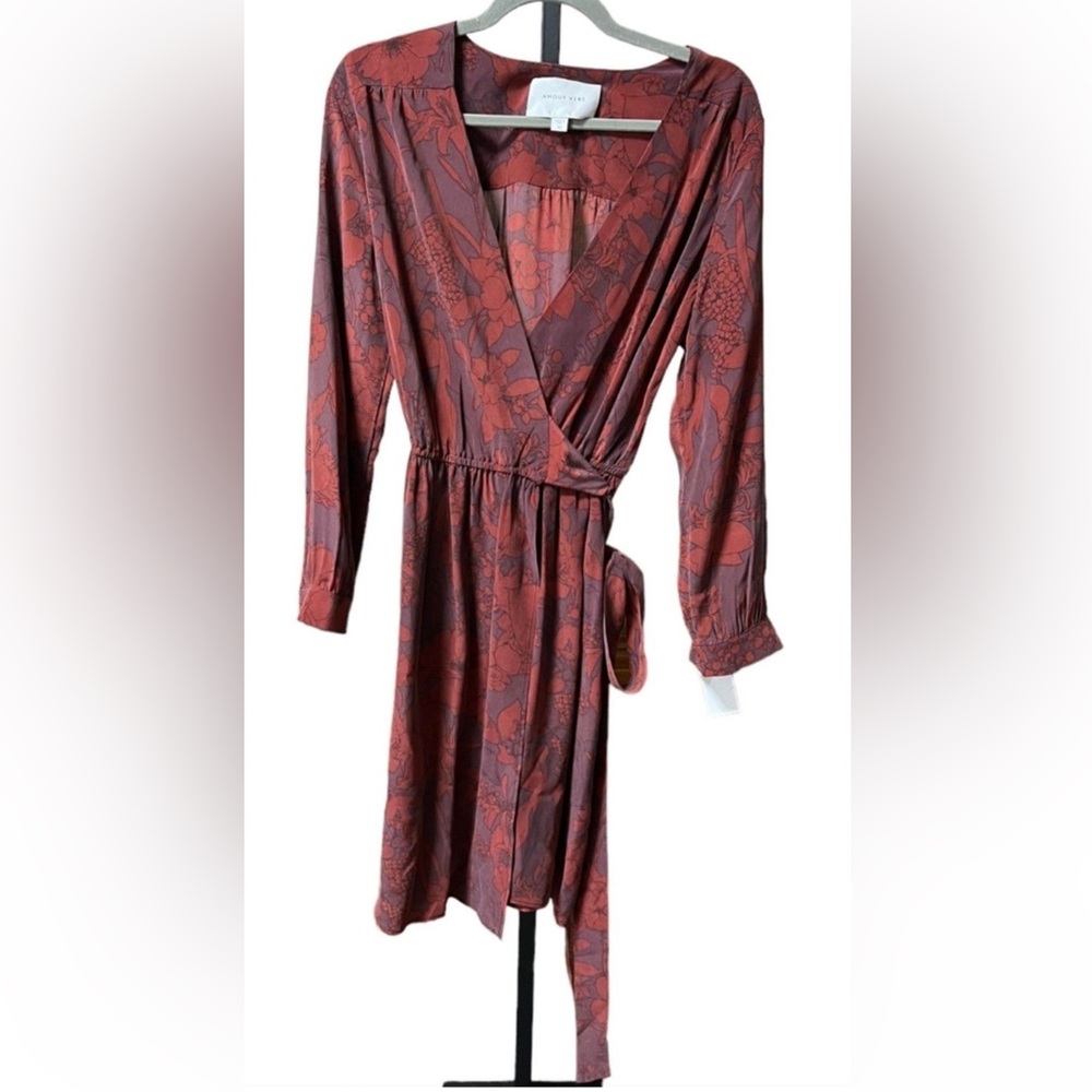 NWT Amour Vert Silk Floral Wrap Dress XS Red Rust Elma